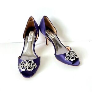 BADGLEY MISCHKA Purple Satin Salsa Peep Toe Rhinestone Embellished Heels—SZ. 6.5